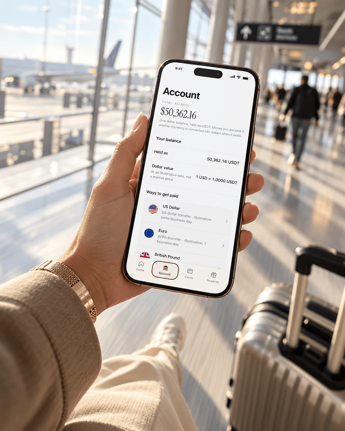 A traveller in an airport terminal holding a phone open on the ALIF Account screen.