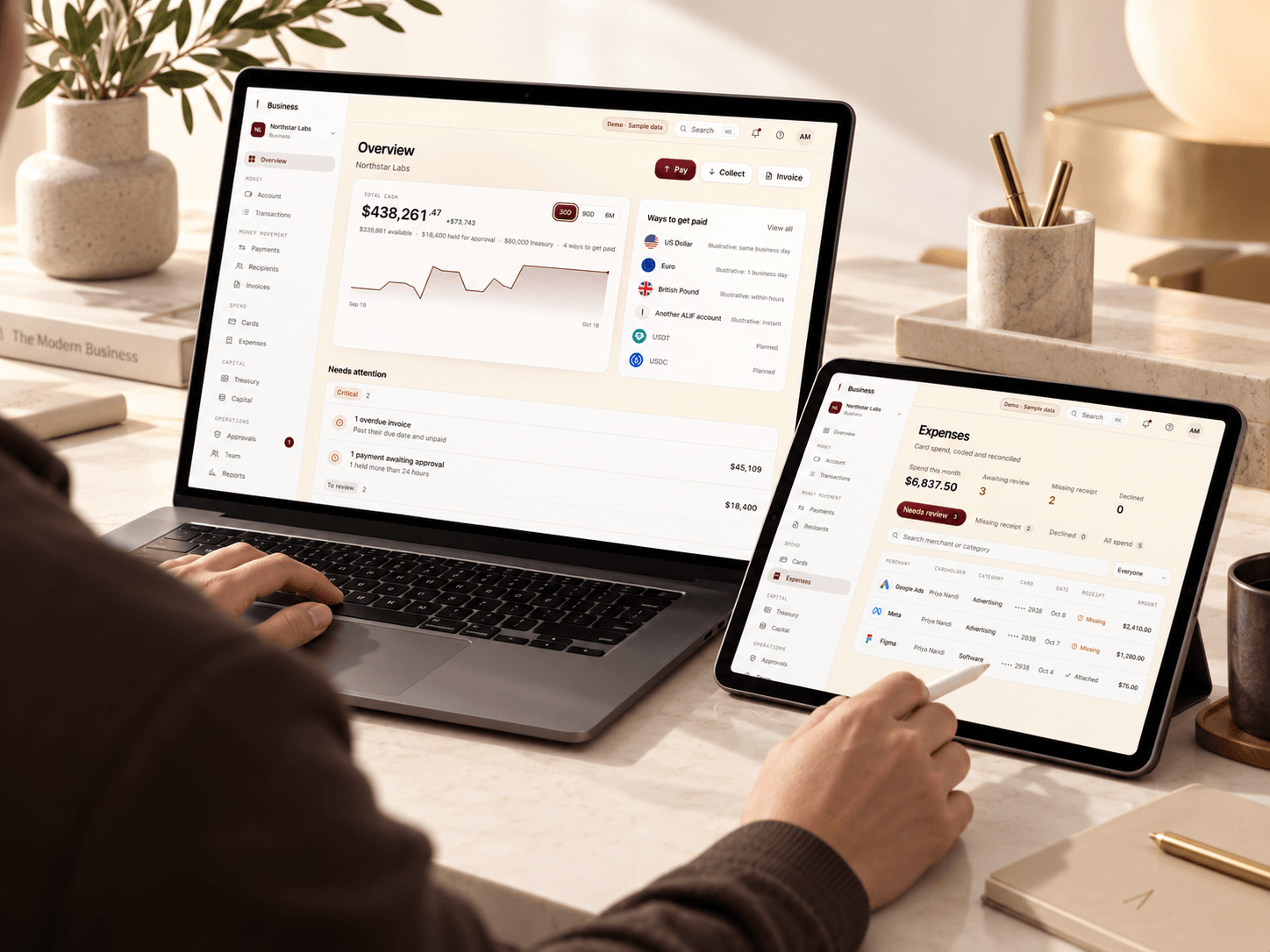 The ALIF Business demo on a laptop and a tablet: the company overview and card expenses, marked as sample data.