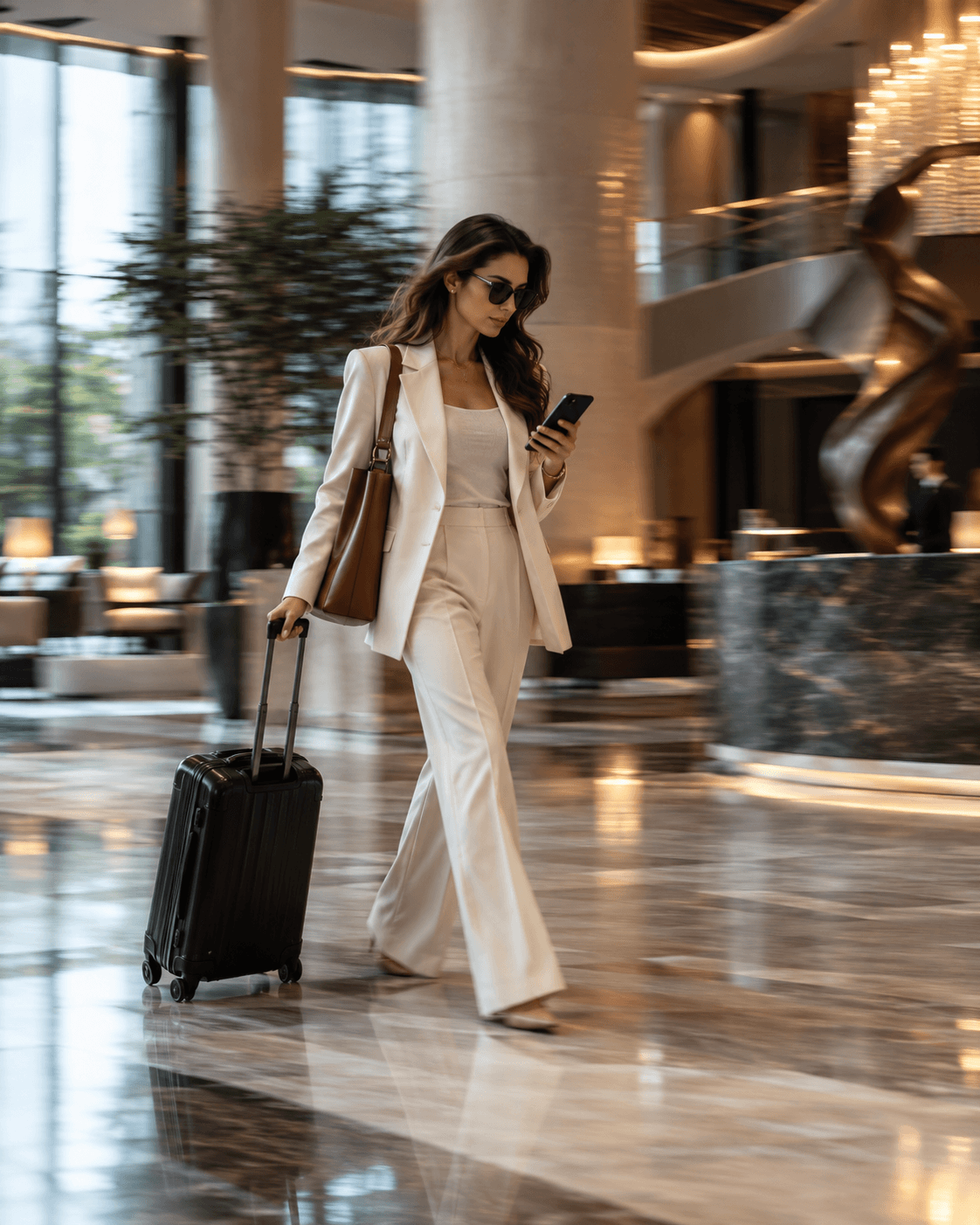 A woman in a cream suit crossing a hotel lobby with a carry-on, checking her phone.